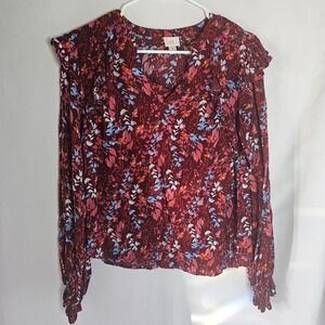 A New Day Womens Burgundy Floral Print Long Sleeve Ruffled Blouse Size S